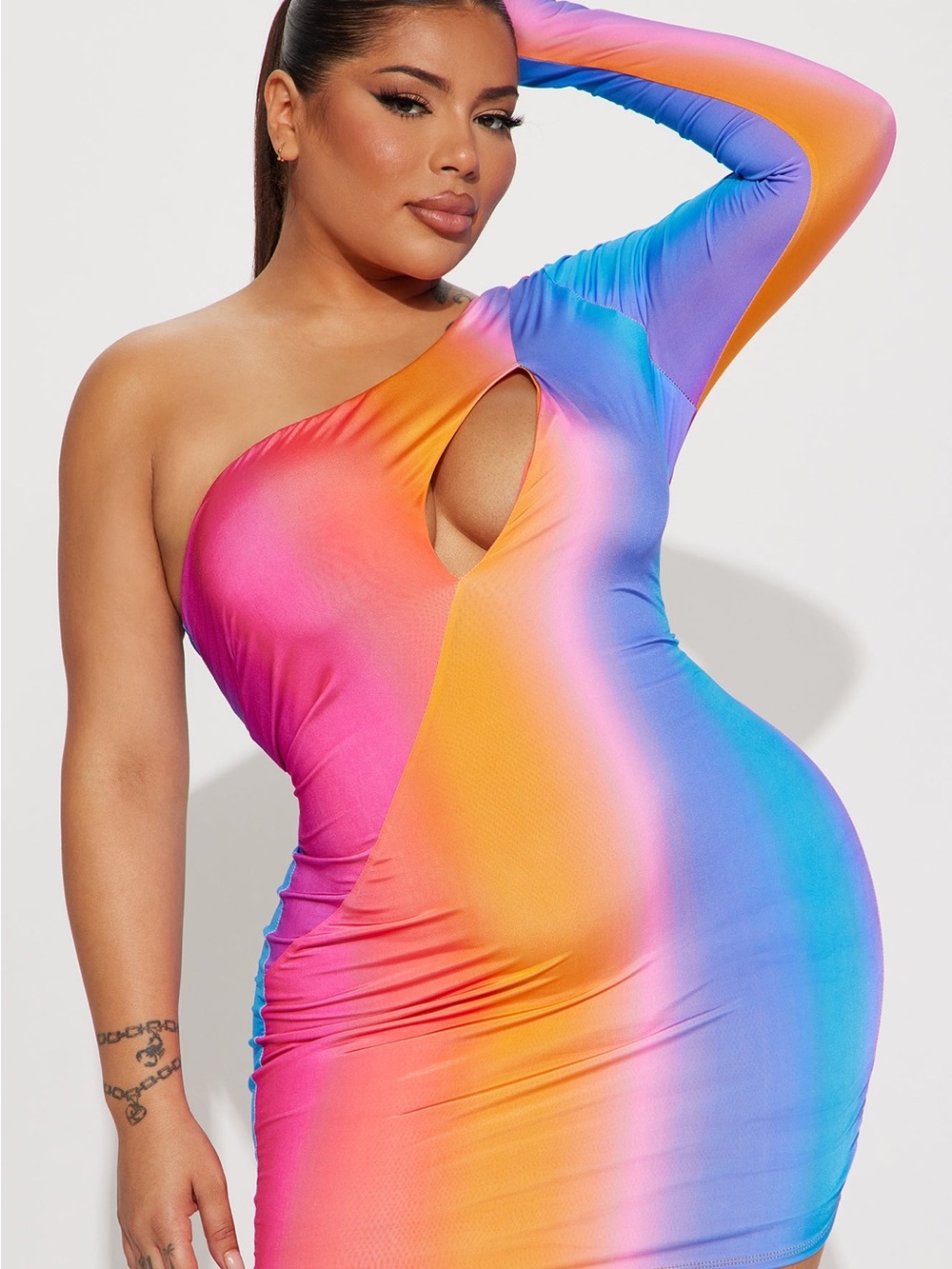 Fashion Nova One-Shoulder Gradient Cutout Bodycon Dress in Pink, Orange & Blue